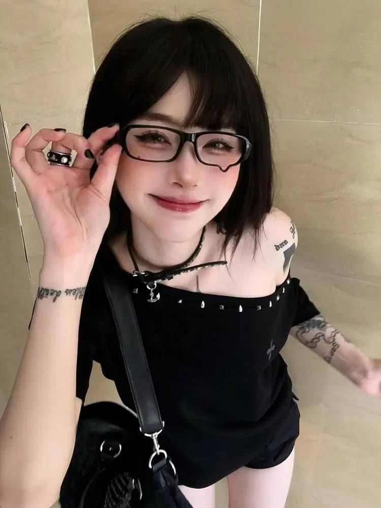 Seeslim Black Off Shoulder Cross Women's T-shirt Short Sleeve 2000s