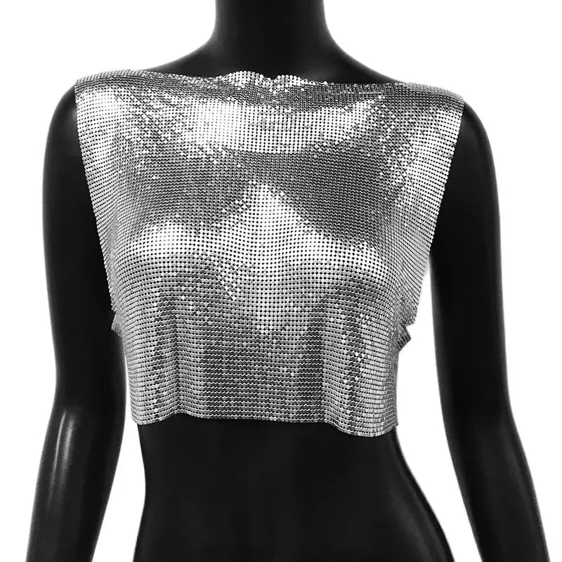2024 New Shiny Metal Sequins Tank Top Sexy Round Neck Backless