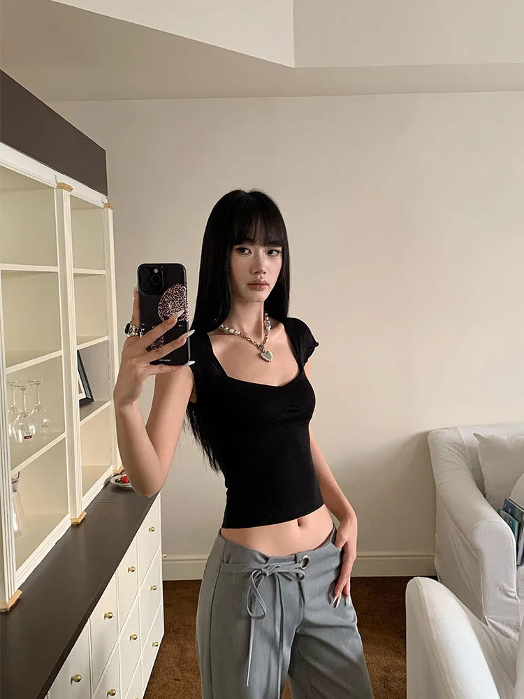 Women's Square Collar Backless Cropped Top Short Sleeve Elegant Summer