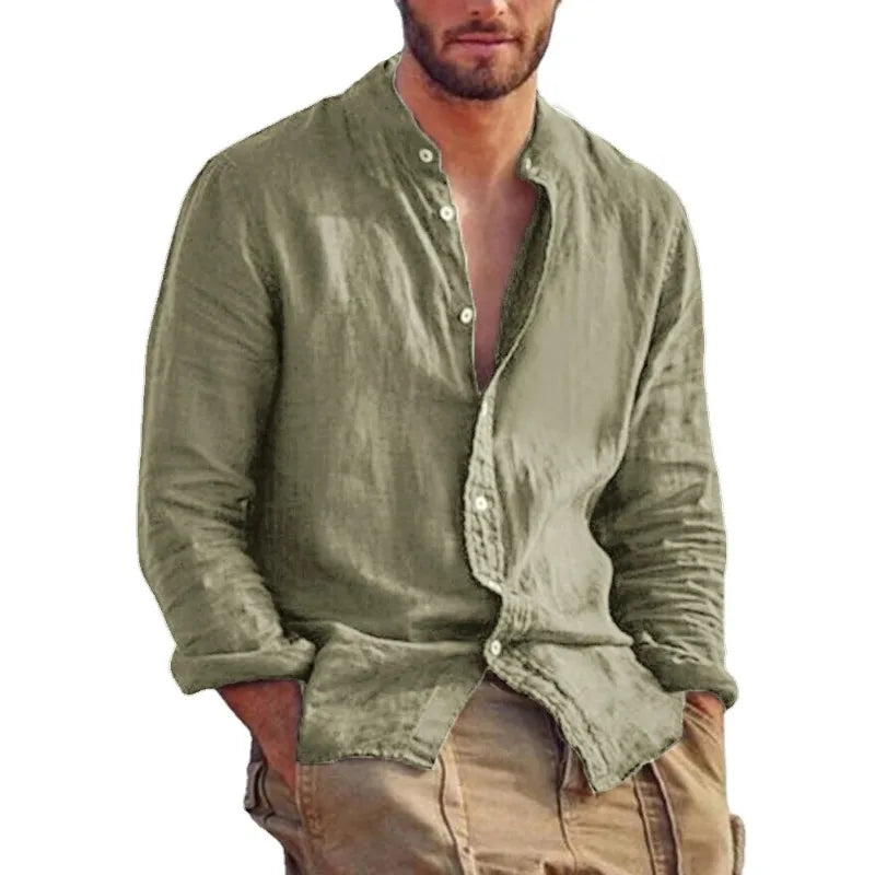Sweatwear Men's Long Sleeve Shirt Linen Solid Color Shirts Trend Stand