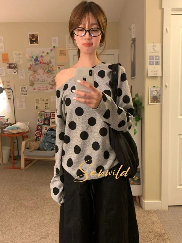 Deeptown Women Polka Dot Gray T-shirts Korean Style Off Shoulder