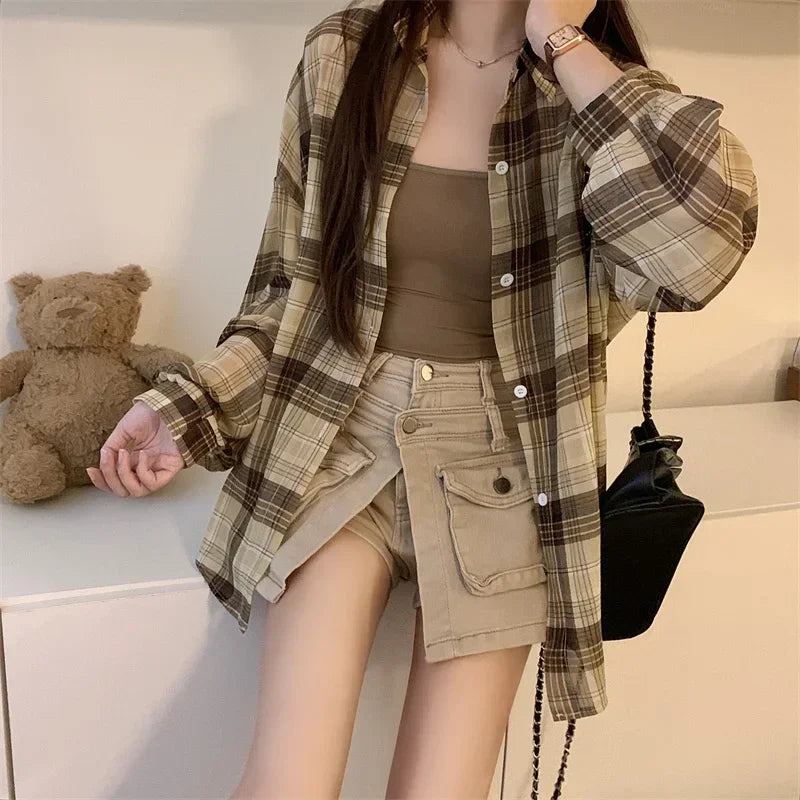 Tops Women Sheer Chiffon Plaid Shirt Long Sleeve Button Up Collared