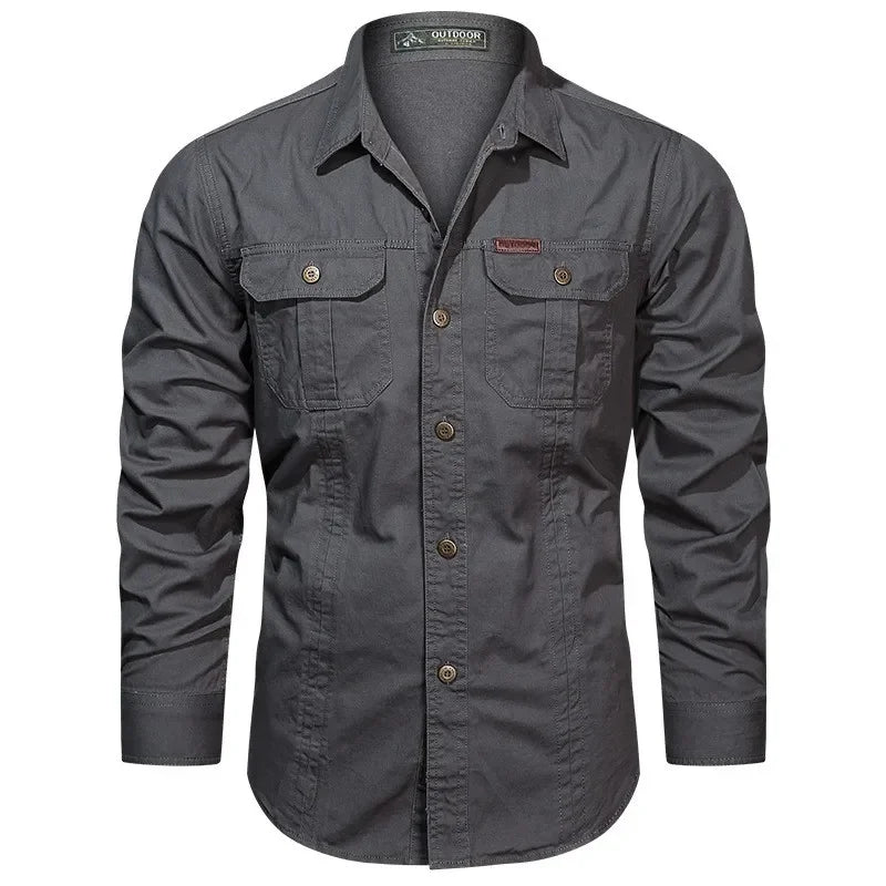 2024 Fashion Cotton Military Shirt Long Sleeve Multi-pocket Casual
