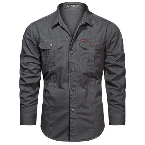 2024 Fashion Cotton Military Shirt Long Sleeve Multi-pocket Casual