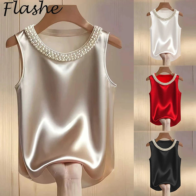 Elegant Satin Shirt Women Summer Bead Design Silk Blouse Women