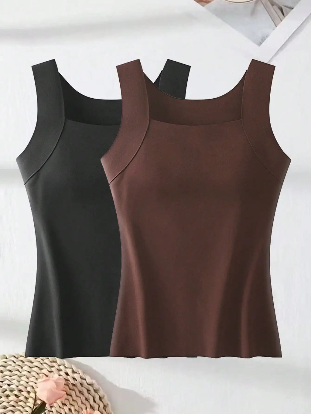 2Pcs Solid Wide Strap Tank Tops With Built In Padded Bra, Base Layer