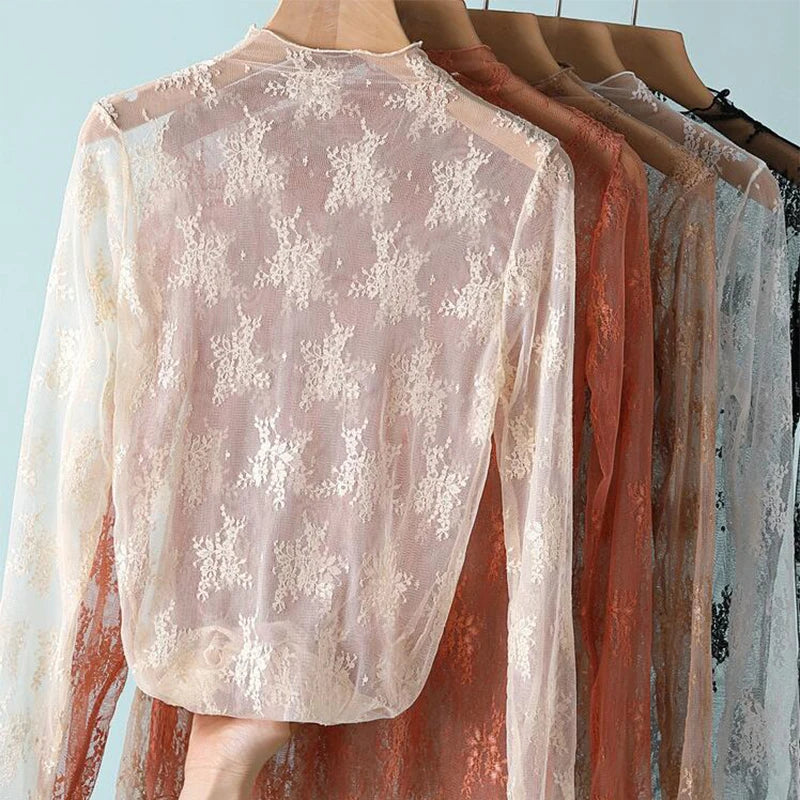 S-XL New Women Floral Lace Shirt Spring Autumn Long Sleeve Sexy Mesh