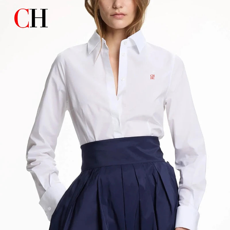 CH Letter Embroidered Solid Color Long Sleeve Shirt Women Point Collar
