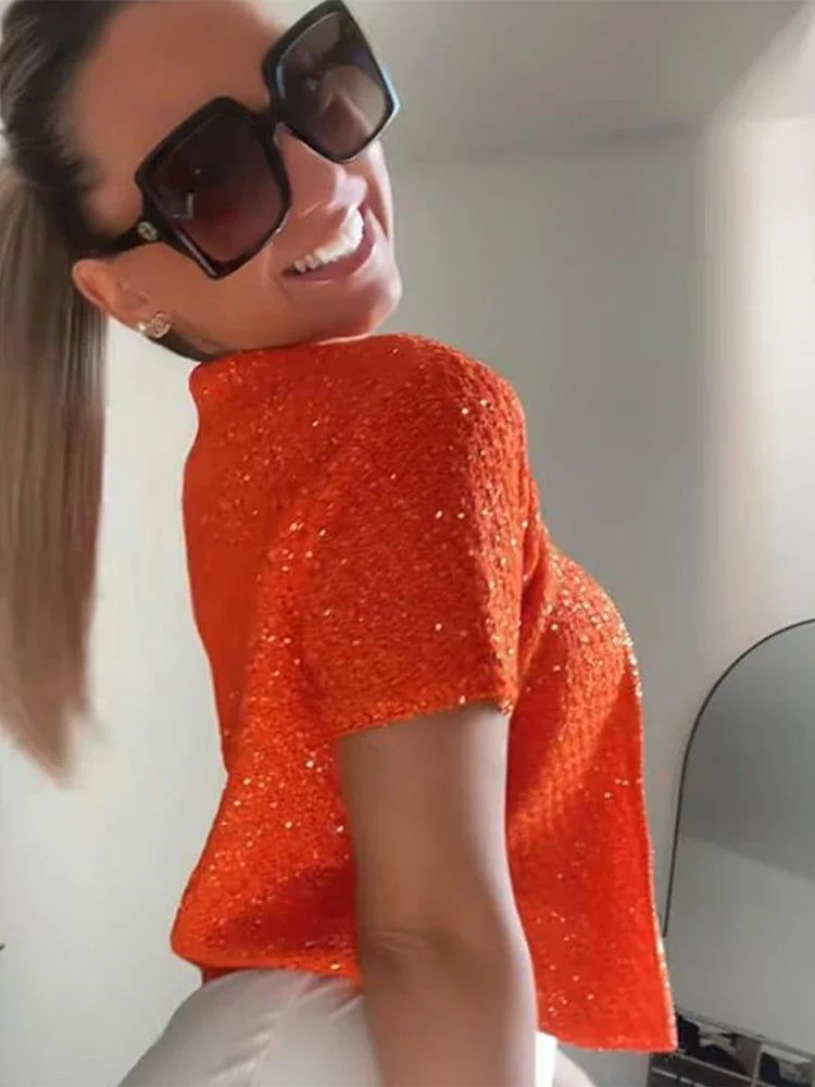 Sequin Knitted Women Top Coat Halter Vest Bead Round Neck Slim Fit