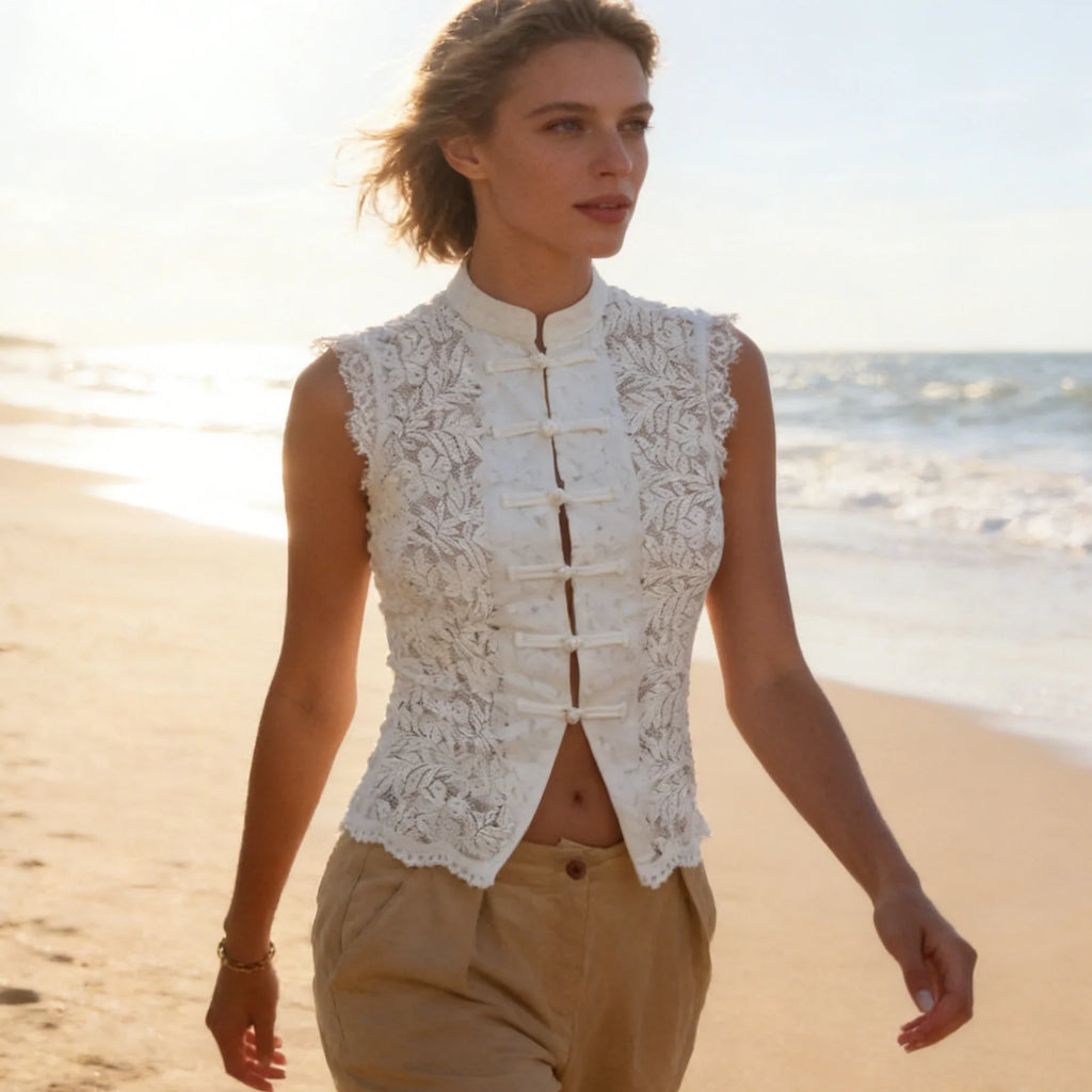 Y2K Aesthetic Solid Color Lace Crop Top Sleeveless Chinese Frog Button