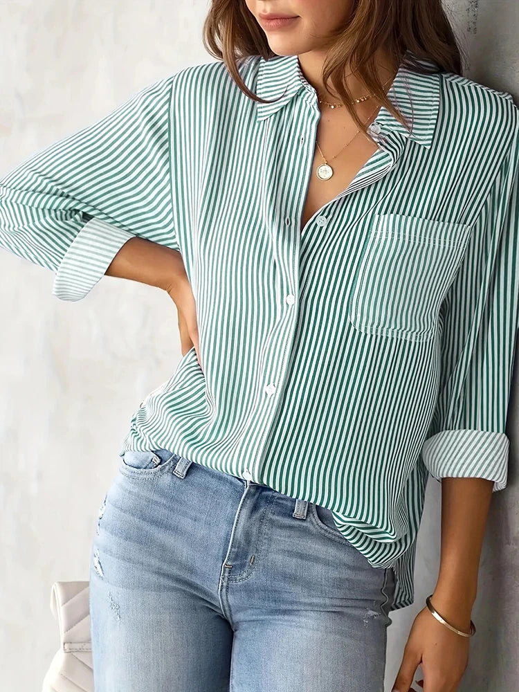 Women Long Sleeve Striped Loose Shirt Office Lady Elegant Turn Down