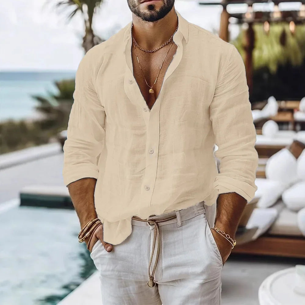 Cotton Linen Shirt for Men Summer Beach Style Solid Color Single