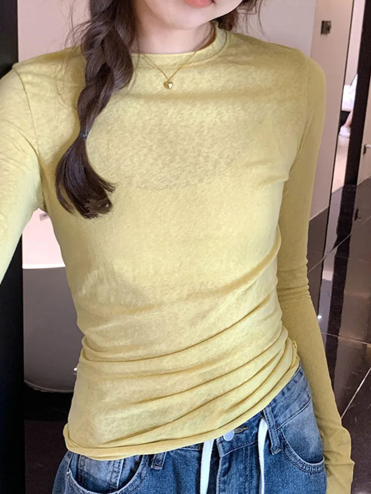 2024 Spring Autumn T shirt Women Tops Solid Slim Fit Long Sleeve O