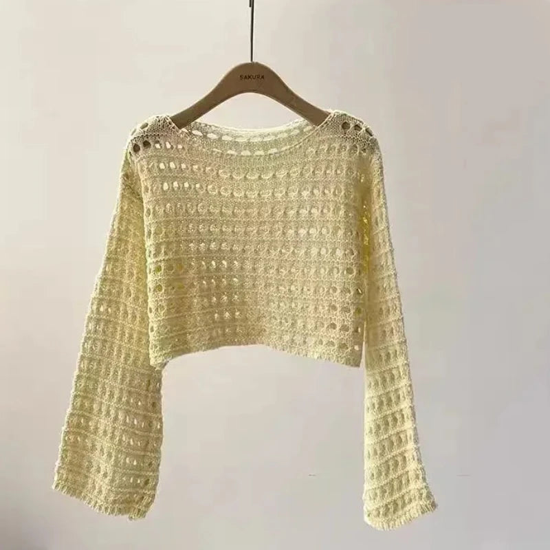 Summer 2026 Beach Bikini Cover Up Crop Pullover Long Sleeve Crochet