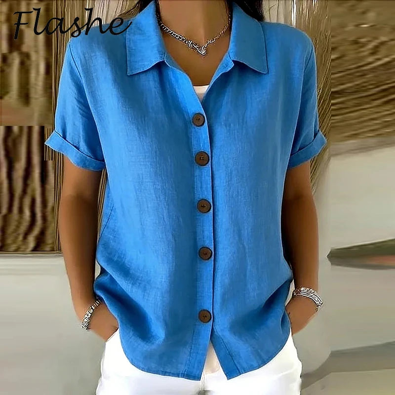Women's Elegant Summer Cotton Linen Tops Short Sleeve Lapel Button Up