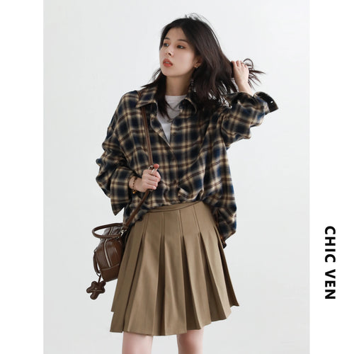 CHIC VEN Women Shirts Loose Casual New Sanding Plaid Shirt Long Sleeve