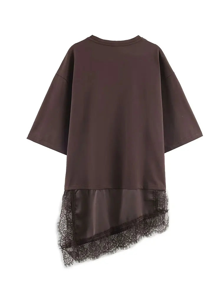 HH Women Vintage Solid Lace Patchwork T-Shirts Asymmetrical Hem O Neck