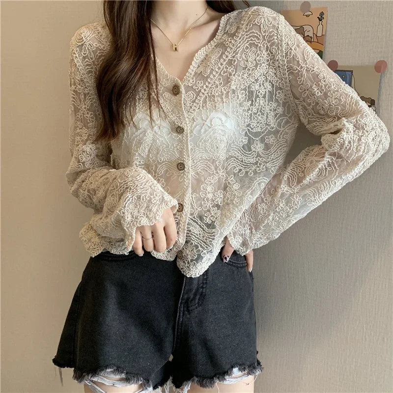 Vintage Summer Lace Blouses Women See Through Sheer Long Sleeve Sun