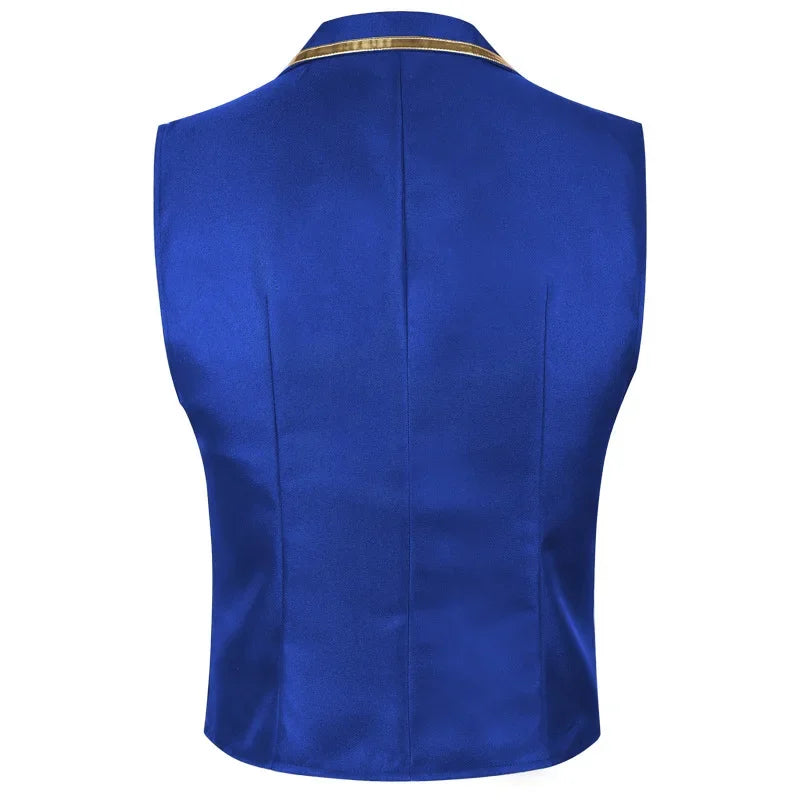 Men's Black Satin Suit Vest with Gold Trim and Chain - Formal