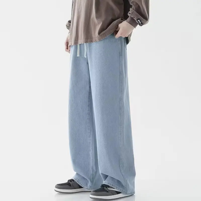 Light Wash Men's Drawstring Jeans Loose Straight Leg Floor-Length