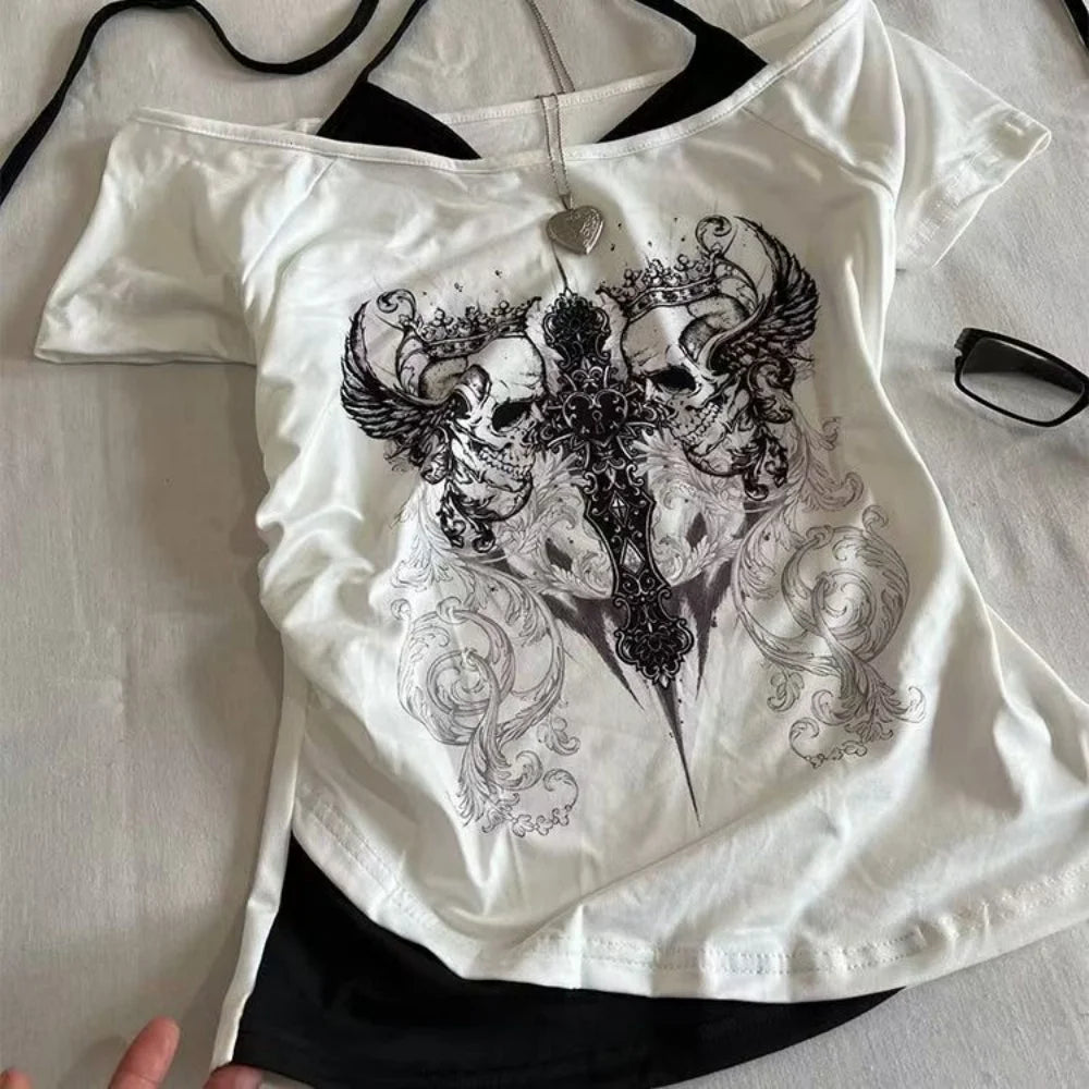 Y2k Slim Fit Print Tops Women Off Shoulder Short Sleeve Tee Shirt