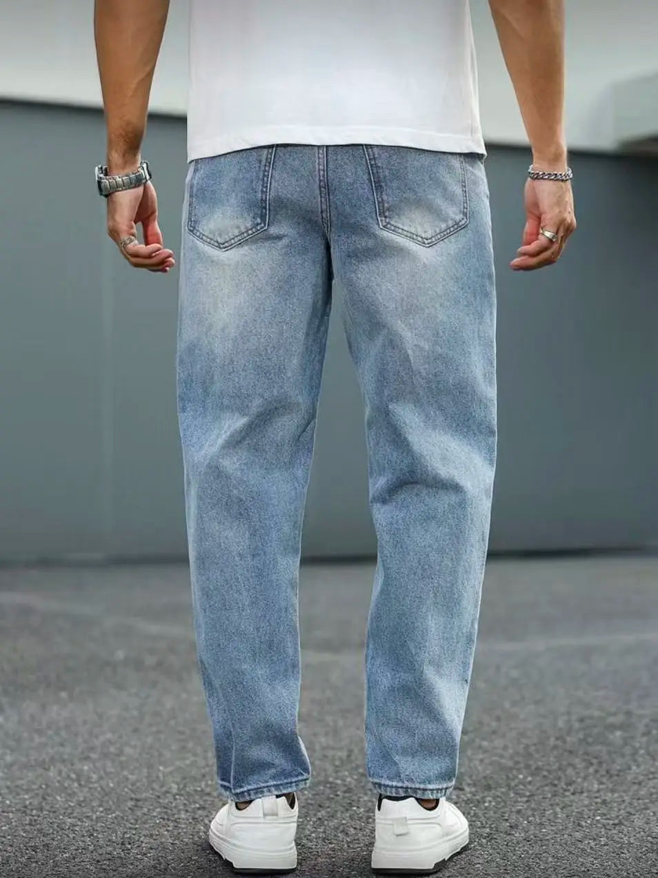 Slim Fit Jeans Men Light Blue Washed Whisker Detail Jeans Classic Mid