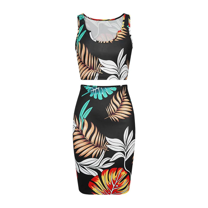 Print Slim Skirt Two Piece Set Women Sexy Low Cut Sleeveless Cropped