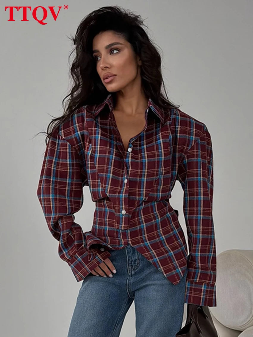 TTQV Fashion Loose Plaid Women's Blouse 2026 Vintage Lapel Long Sleeve
