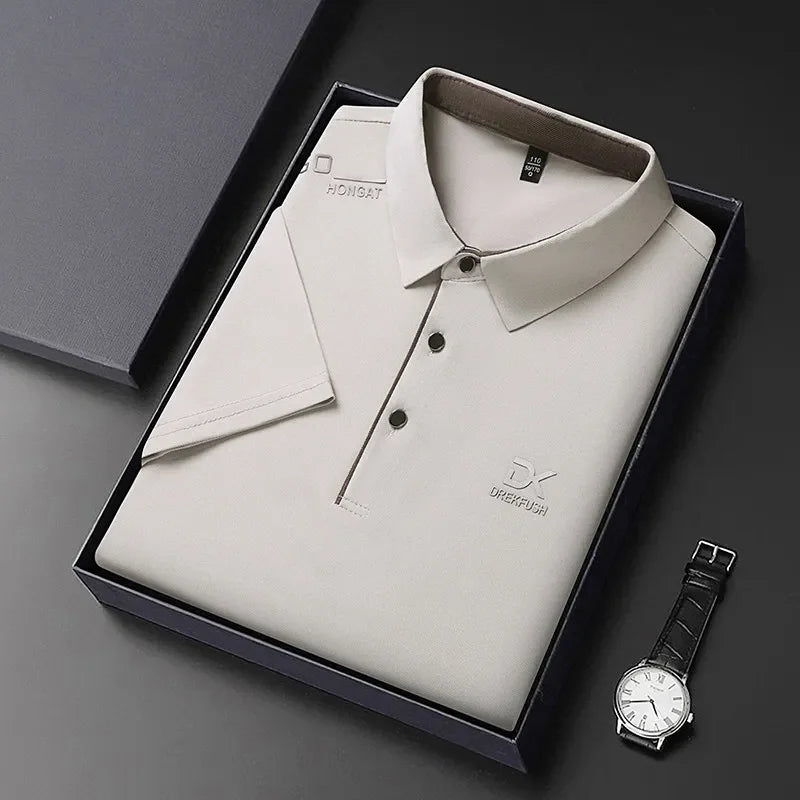 New Men's Business Casual Short Sleeved Shirt with Badge Solid Color