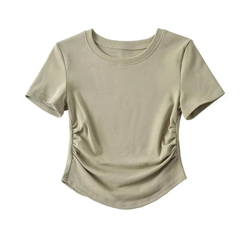 2024 Harajuku Women Crew Neck Short Sleeve Cotton Tee With Ruched