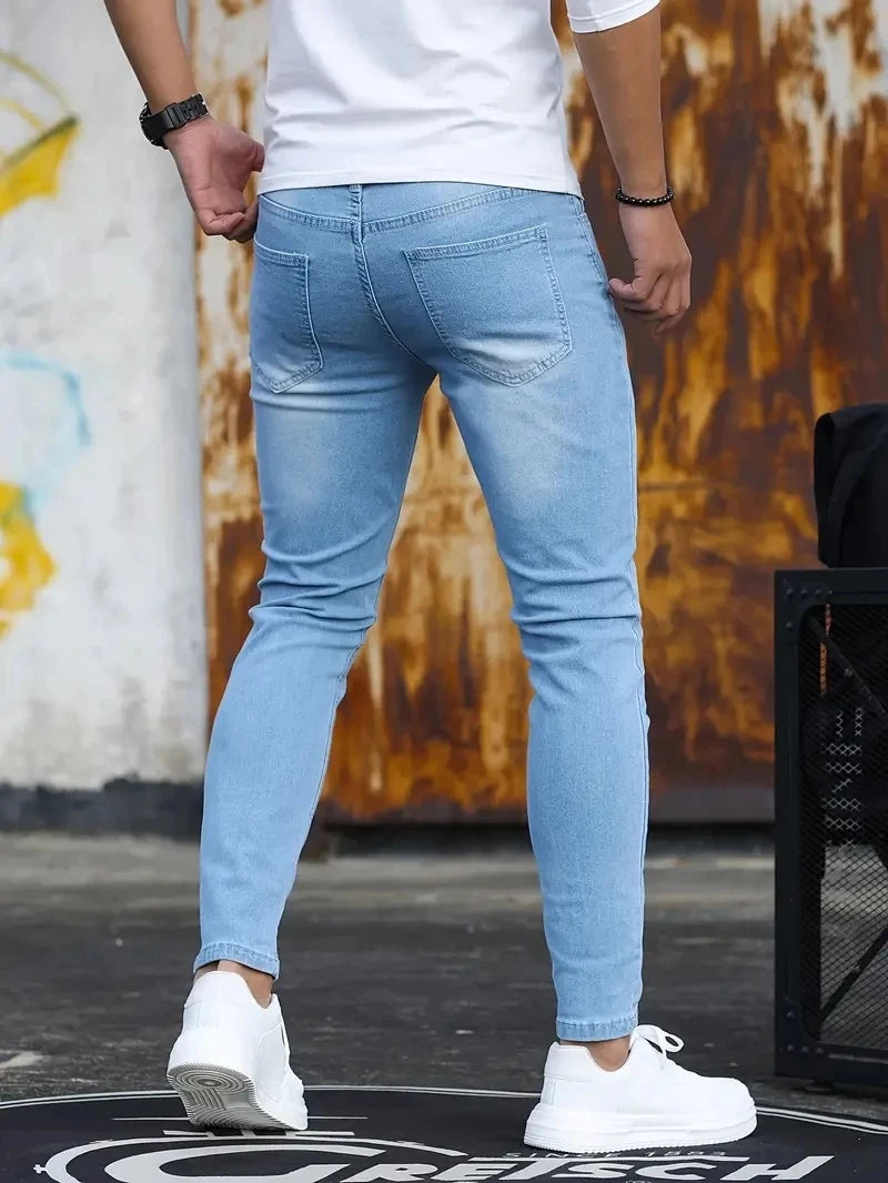 Men Jeans Skyblue Black Zipper Stretch Jeans Casual Slim Fit Trousers