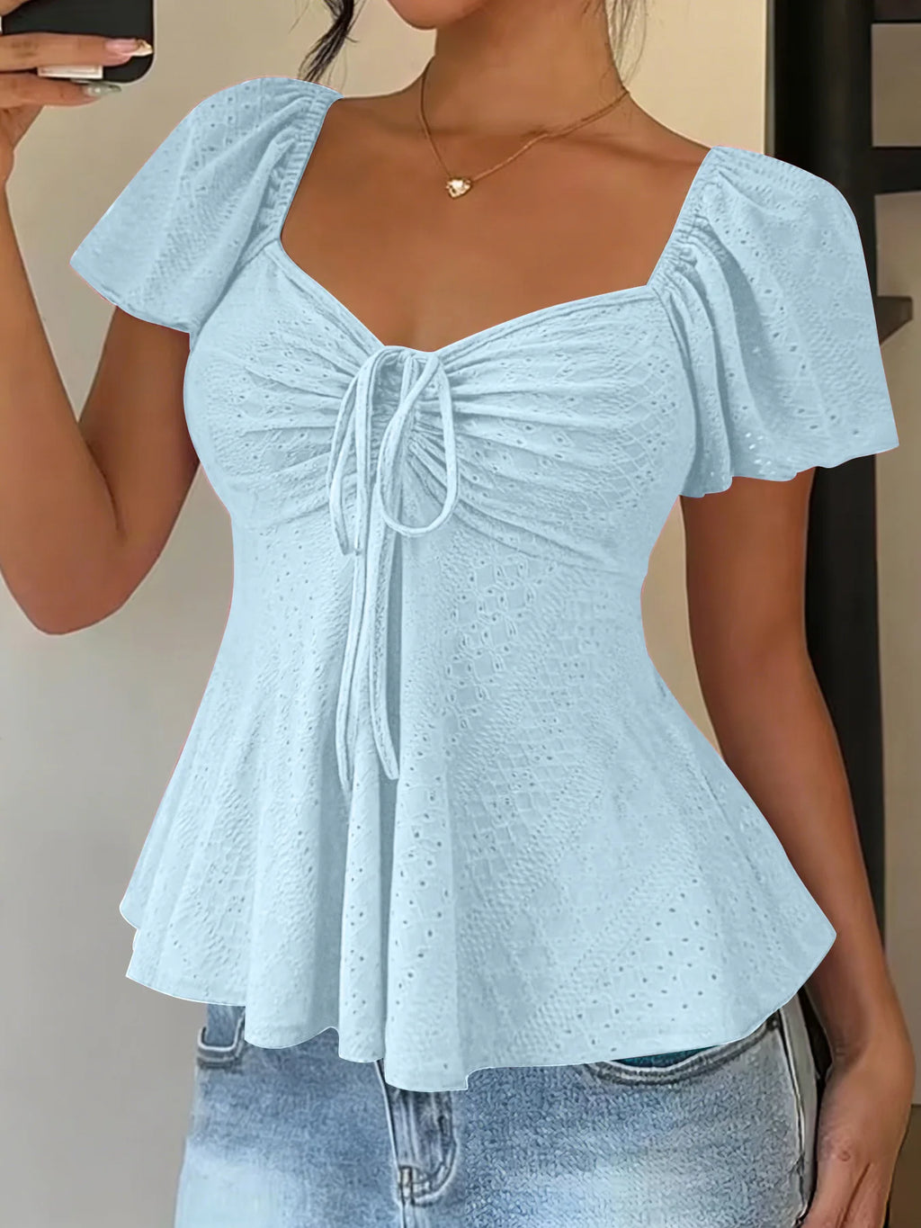 2026 Women Y2k Summer Tops V-Neck Drawstring Sexy Lace Up Short Sleeve