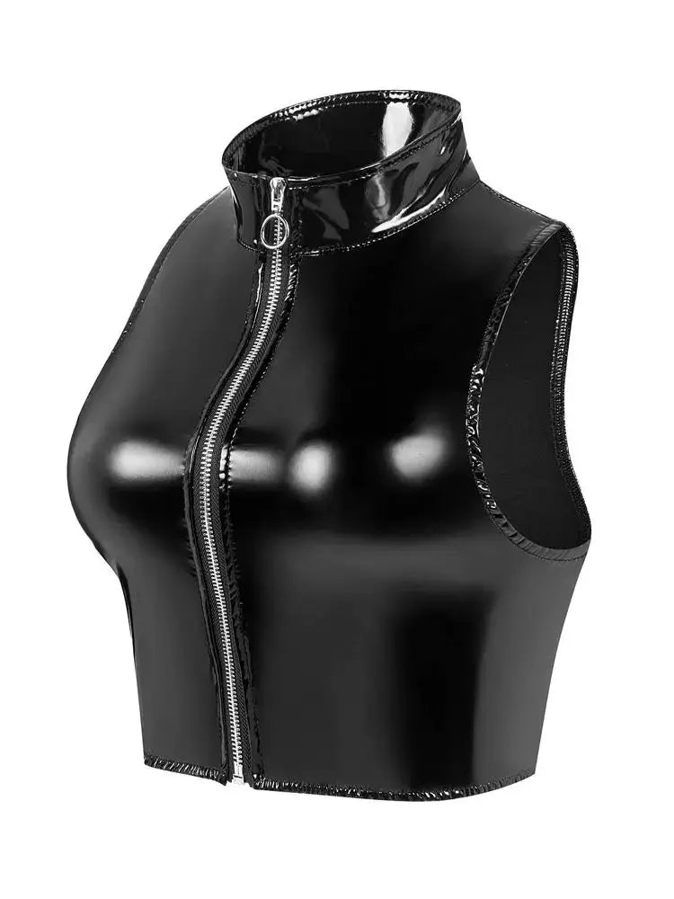 S-3XL Wet Look PVC Bustier Tank Top Shiny PU Leather Crop Tops