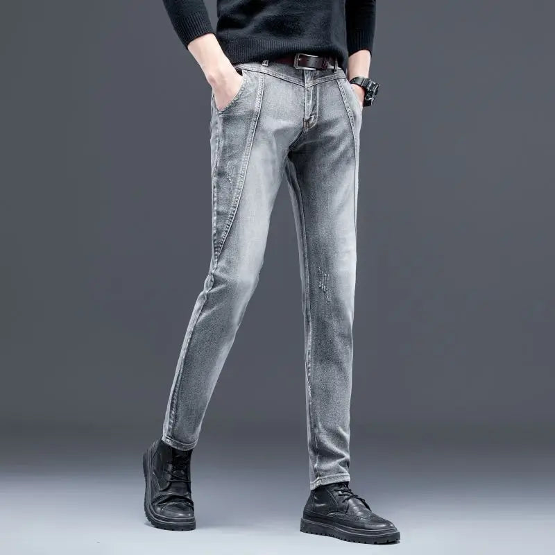 2026 New Men's Stretch Jeans Gray Slim Fit Small Feet Anti-wrinkle