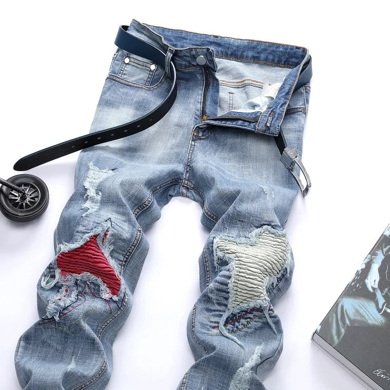 New Men's Personalized Ripped Jeans Light Blue Streetwear Stretch