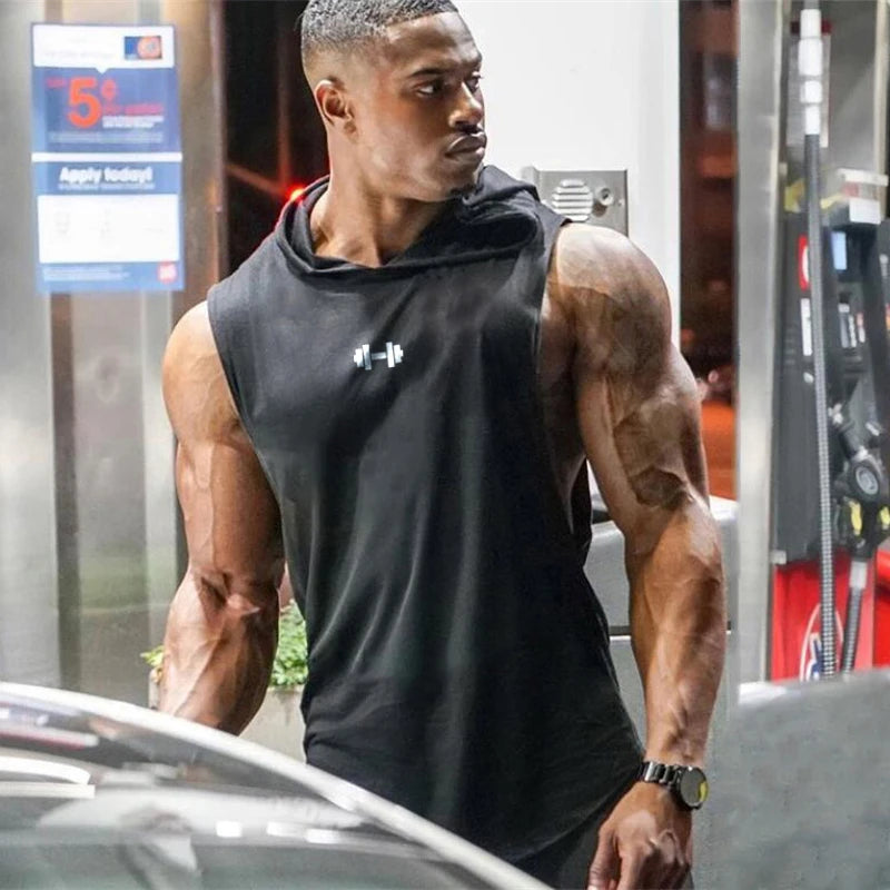 Summer Loose Sleeveless Hooded T-shirts Cotton Breathable Mens Sport