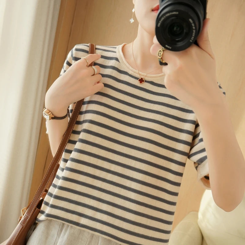 Pure Cotton Round Neck T Shirt For Women Summer Korean Style Loose