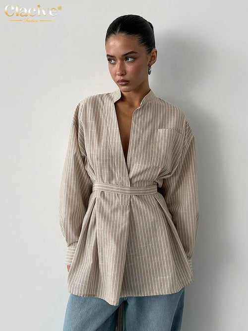 Clacive Vintage Loose Brown Stripe Women Shirts 2025 Fashion Stand