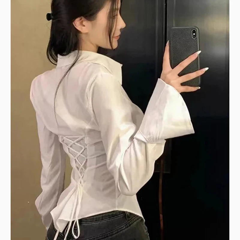 Women White Bandage Shirts Korean Sexy Slim Flare Long Sleeve Female