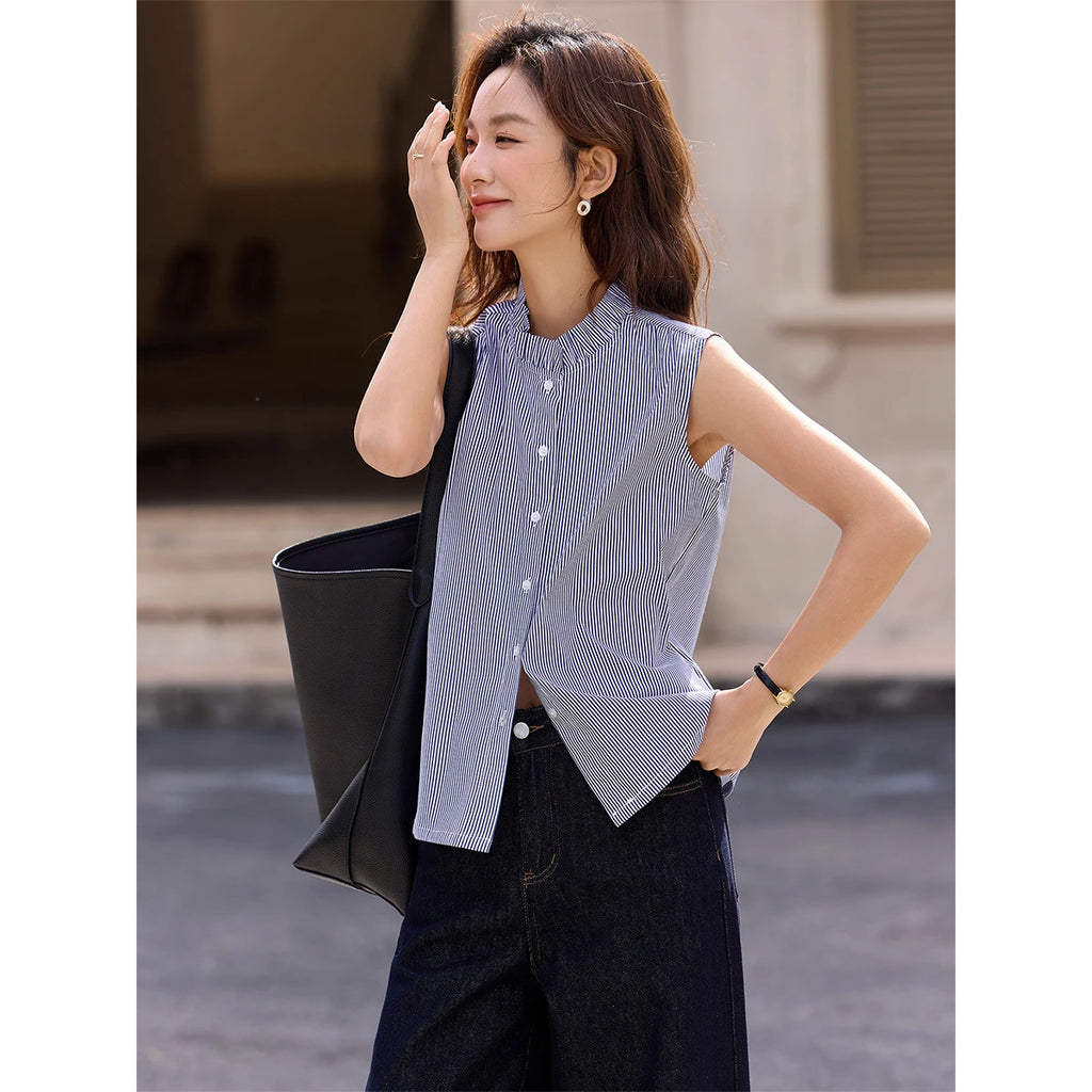 VIMLY Women's Navy Blue Striped Sleeveless Shirts Office Lady 2026