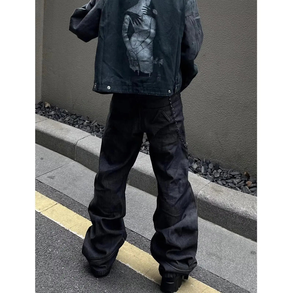 Men's 2025 Fall Trendy Streetwear Black Gray Straight Leg Denim Jeans