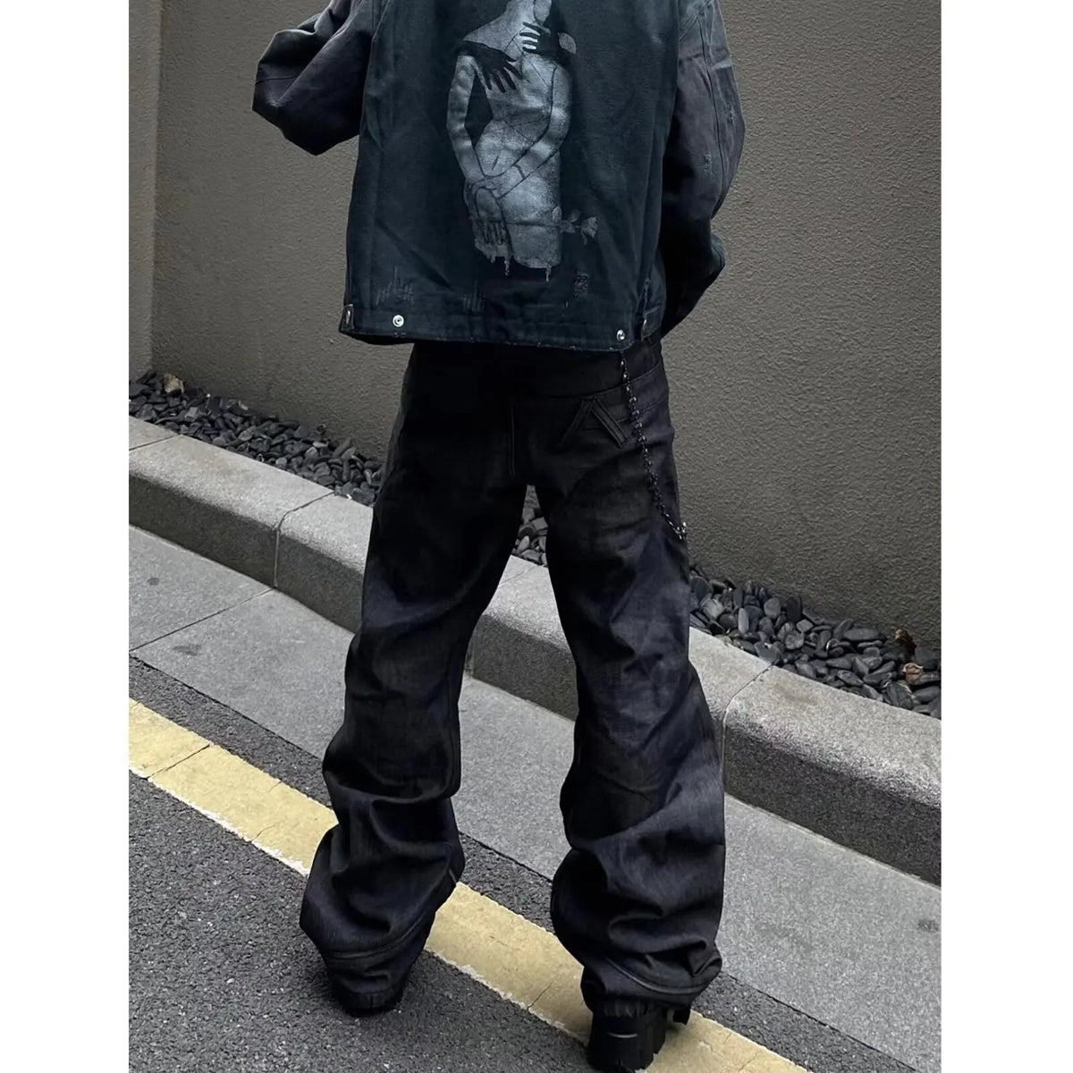 Men's 2025 Fall Trendy Streetwear Black Gray Straight Leg Denim Jeans