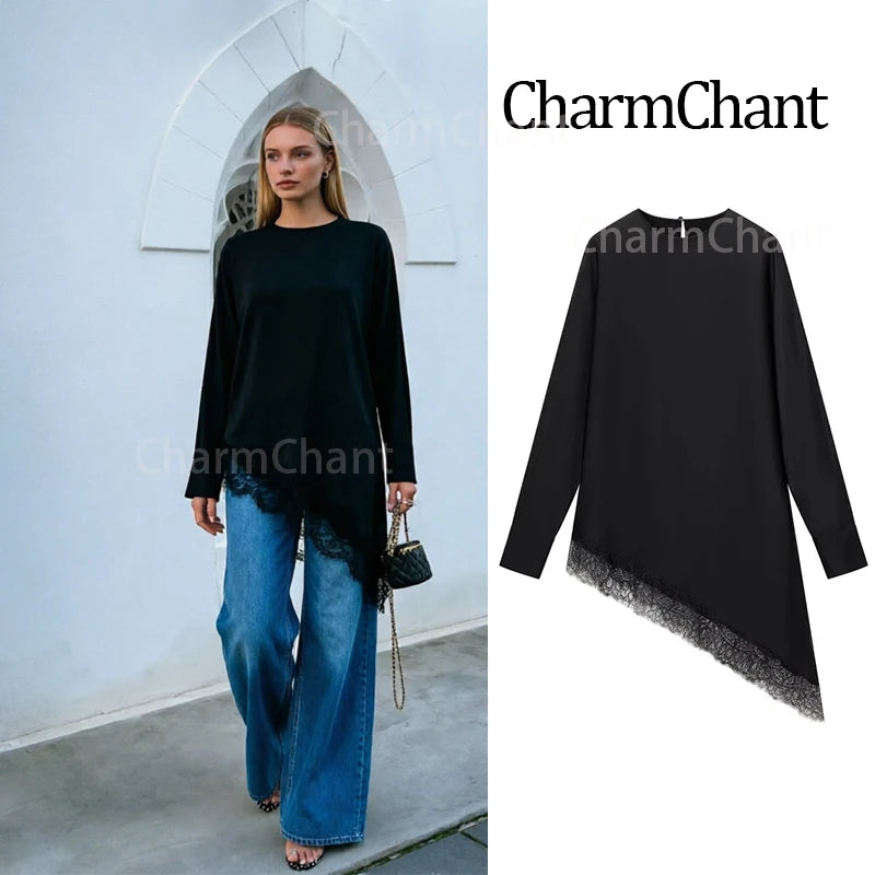 CharmChant Black Satin Asymmetrical Lace Long-Sleeve Shirt for Women