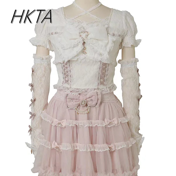 Japanese Sweet Heavy Industry Splicing Sleeve Strap Lace Bow Lace