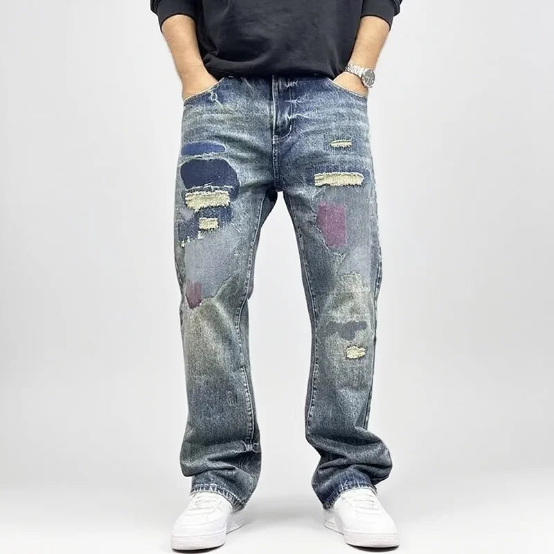 Korean Retro Ripped Jeans Embroidered Slim Fit Men'S Straight Leg