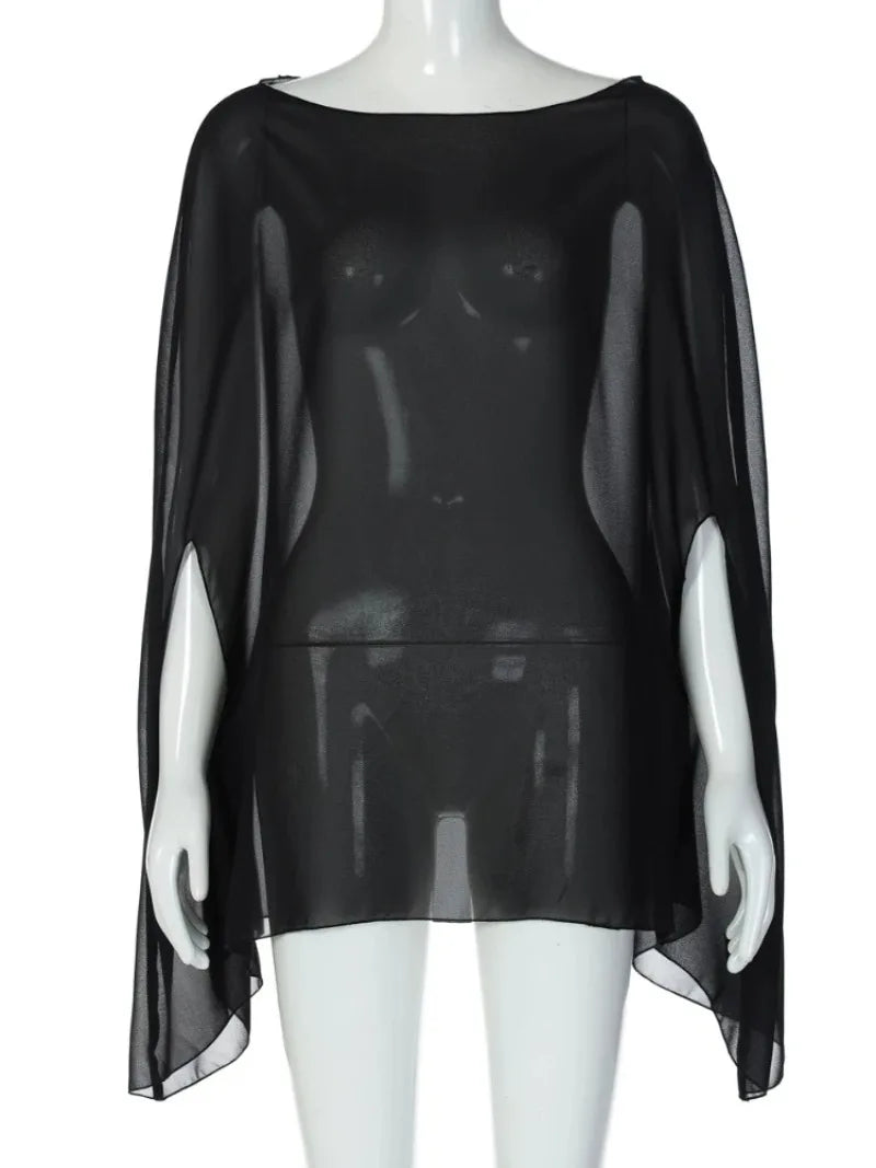 Woman Clothes See-through Chiffon Blouses Sexy Fashion Solid Cover-ups