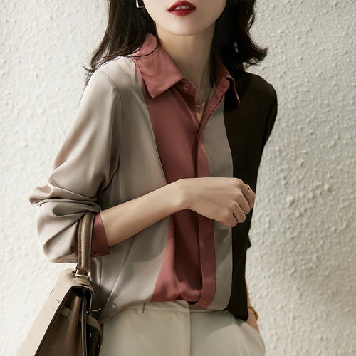 2025 Women Satin Button Blouse Autumn New Vintage Long Sleeve Polo