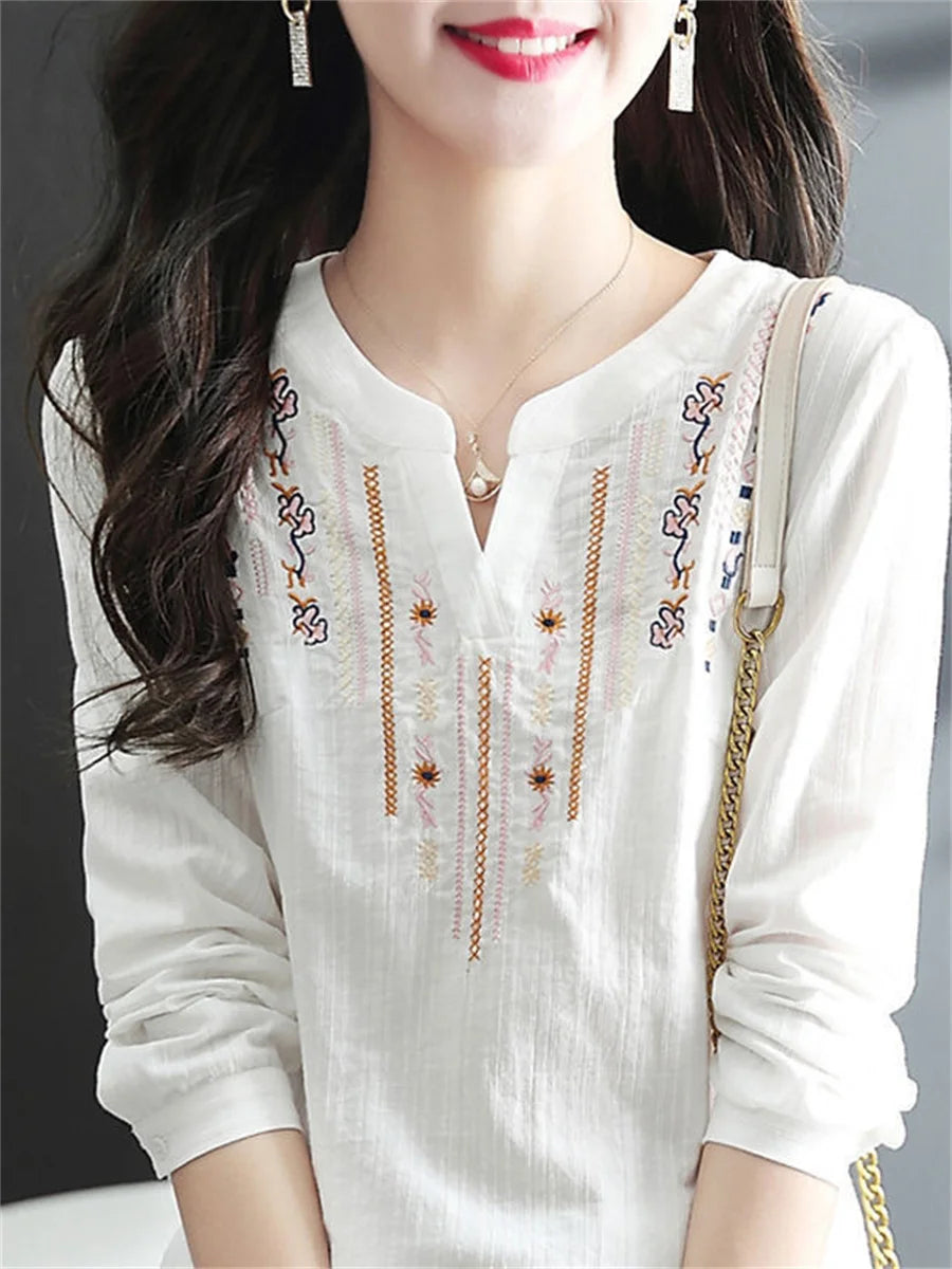Women Spring Autumn White Blouses Tops Lady Casual Embroidery V-Neck