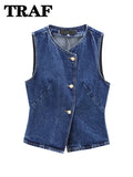 2026 Women's Short Vest Autumn Fashion Blue Denim Vest Top Lady Casual