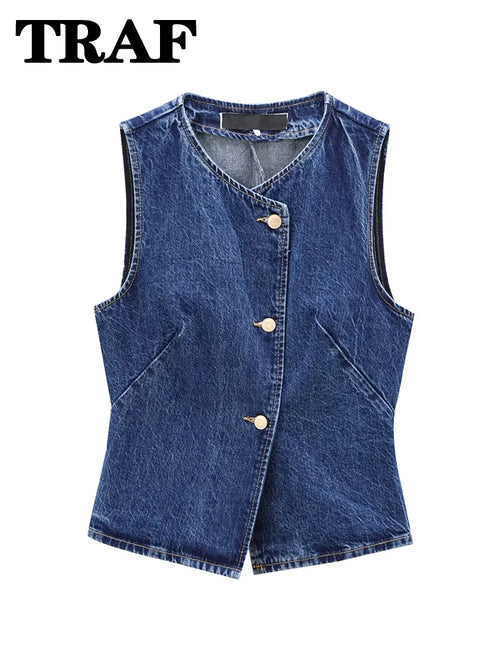 2026 Women's Short Vest Autumn Fashion Blue Denim Vest Top Lady Casual